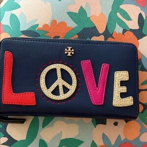 Tory Burch Navy Peace Love Wallet with Red and Pink